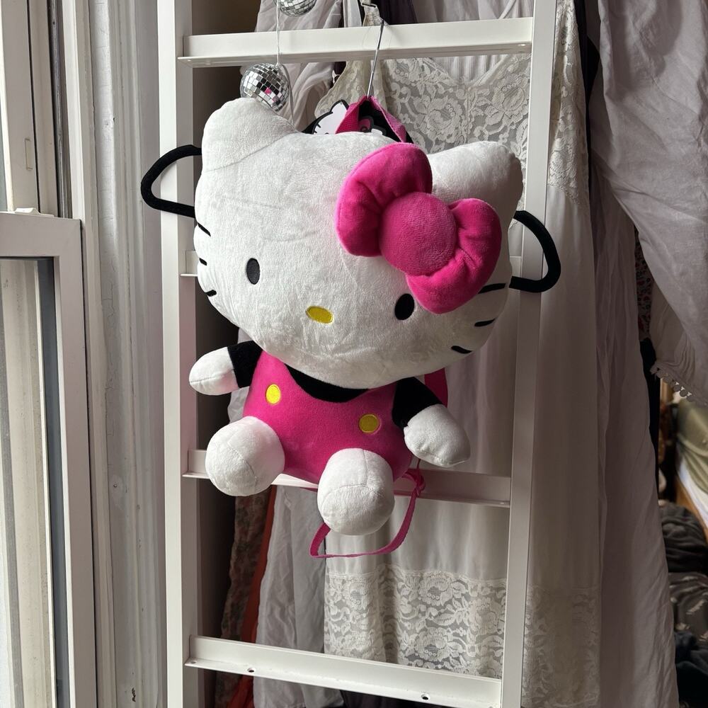 Hello Kitty Soft Plush Backpack Web Straps Pink White Zip Pocket Gift 12 X‎ 9